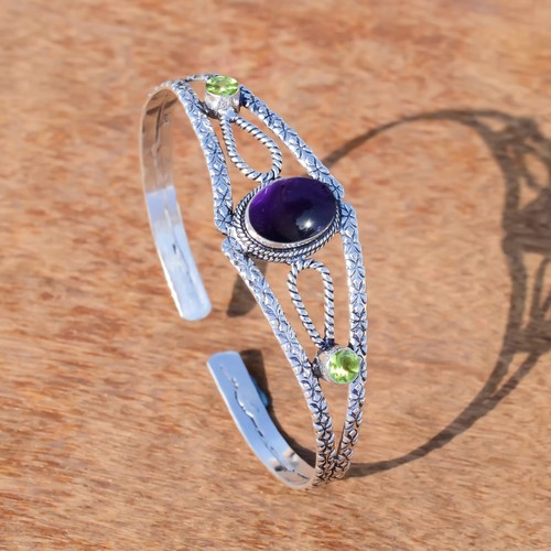 Purple Amethyst & Peridot Cut Gemstone 925 Sterling Silver Bangle Cuff Jewelry - Picture 4 of 5
