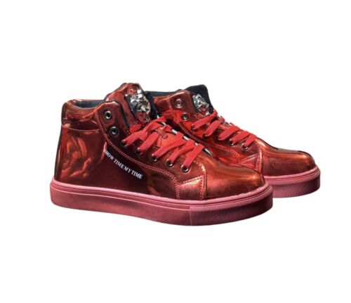 Mens Red Shiny High Top Sneakers Lace Up Metal Decor Flat Casual Shoes Size 9
