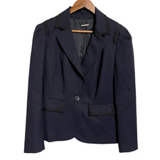 Trina Turk Womens Blue Wool Blend Black Trim Detail Single Button Blazer Size 10