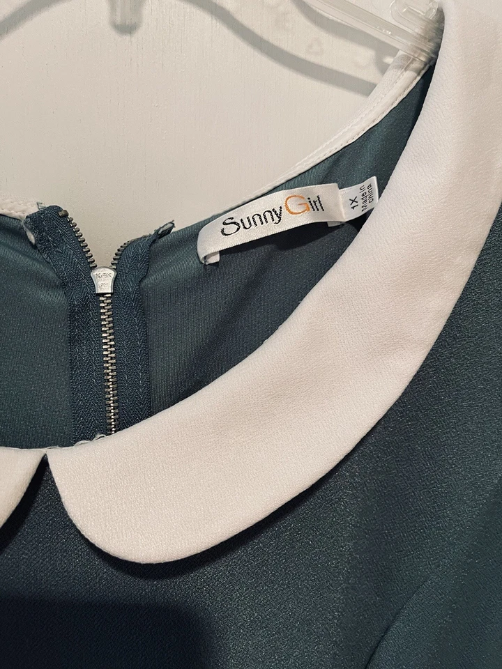 Vestido de niña escolar estilo retro años 50 para mujer verde cuello Peter Pan más 1X disfraz Foto 4 de 4