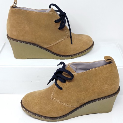 Boden Suede Wedge Ankle Boots Womens EU 39 US 8  Tan Lace Up Chukka Western Boho