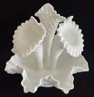 Vintage Fenton Milk Glass Hobnail Ruffled Epergne Three Horn Trumpet Vase
