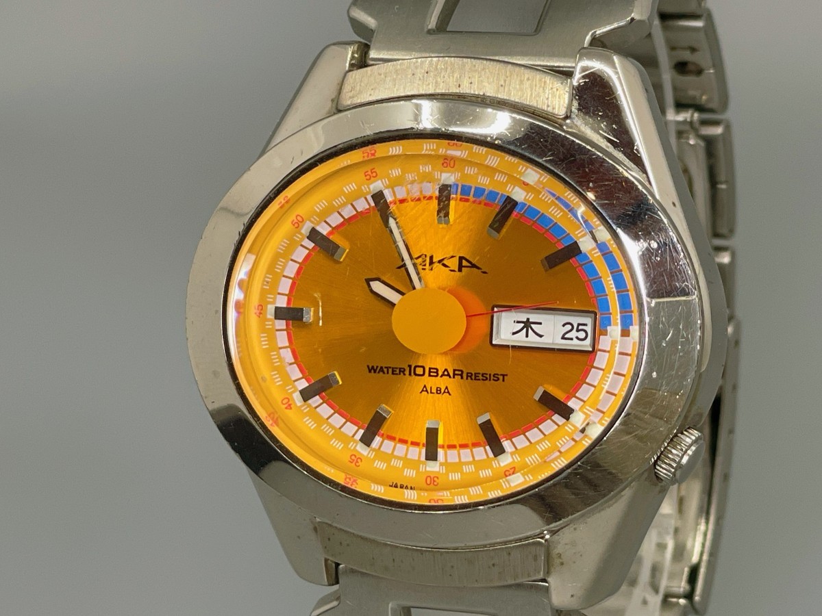 KANJI [Exc+4 w/Box] Seiko ALBA AKA V743-5A10 Day/Date Orange Dial