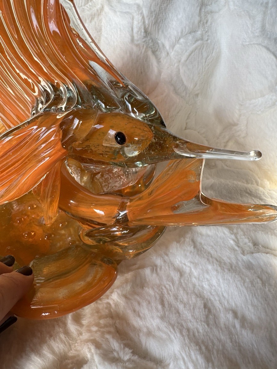Estate Vintage 12” Murano? Hand Blown Swordfish Orange & Clear