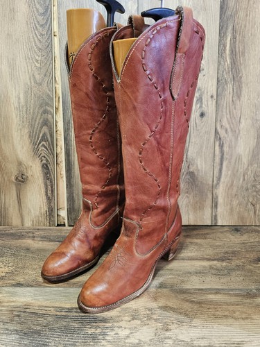 ACME Vintage Tall Western Boots Womens Size 7.5M Brown Leather Knee High Cowboy