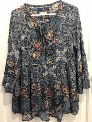 womens Cupio size L mix floral print bell sleeve tie neck top
