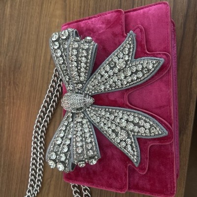 Kurt Geiger Pink Rhinestone Bow Chain Shoulder Bag w/ Mirror Card Holder