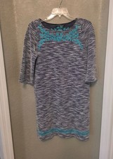 THML Anthropologie Black White Teal Embroidered Shift Dress S EUC