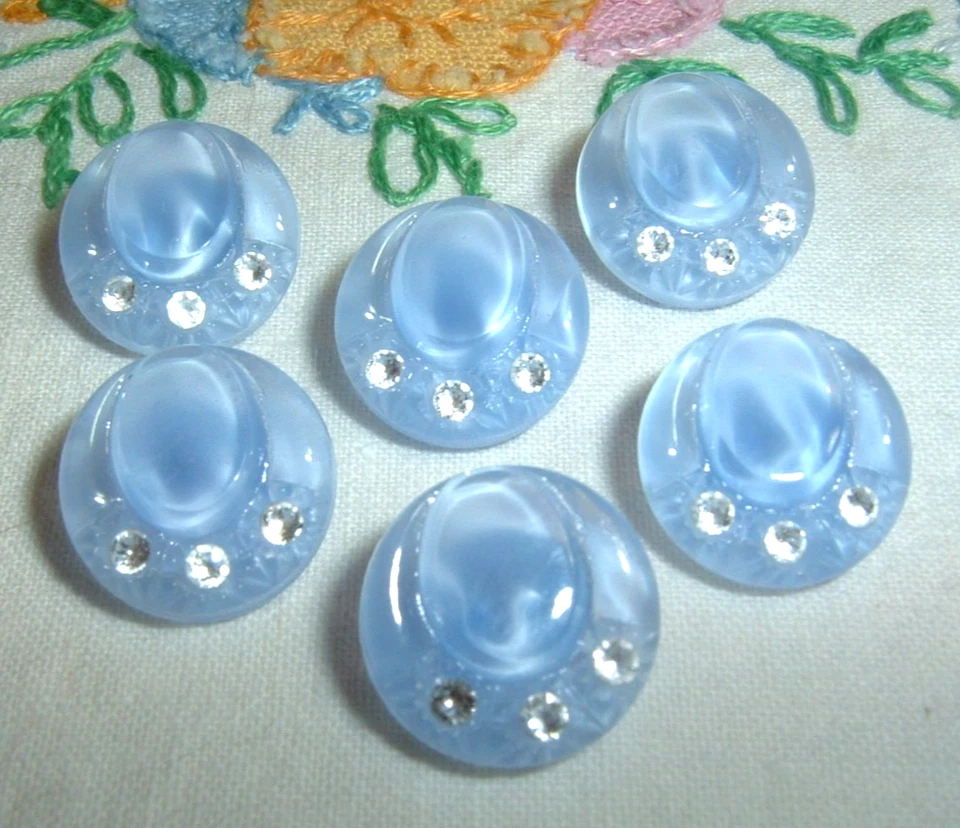 Set of 6 Vintage Blue Moonglow Glass Hat Buttons w/3 Rhinestones in Brim 1/2" - Image 2 of 3