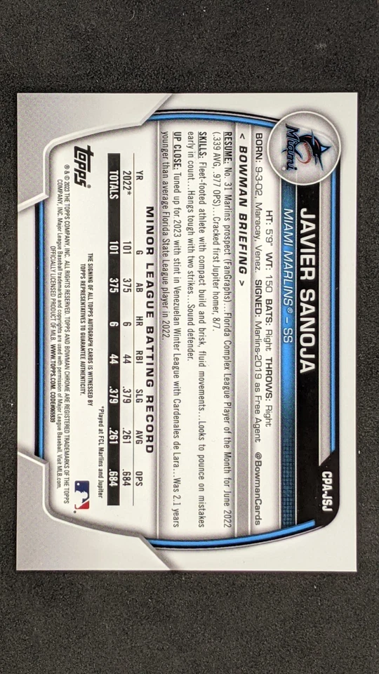 JAVIER SANOJA 2023 1st Bowman Chrome Auto Yellow Refractor /75 Miami Marlins - Image 2 of 2