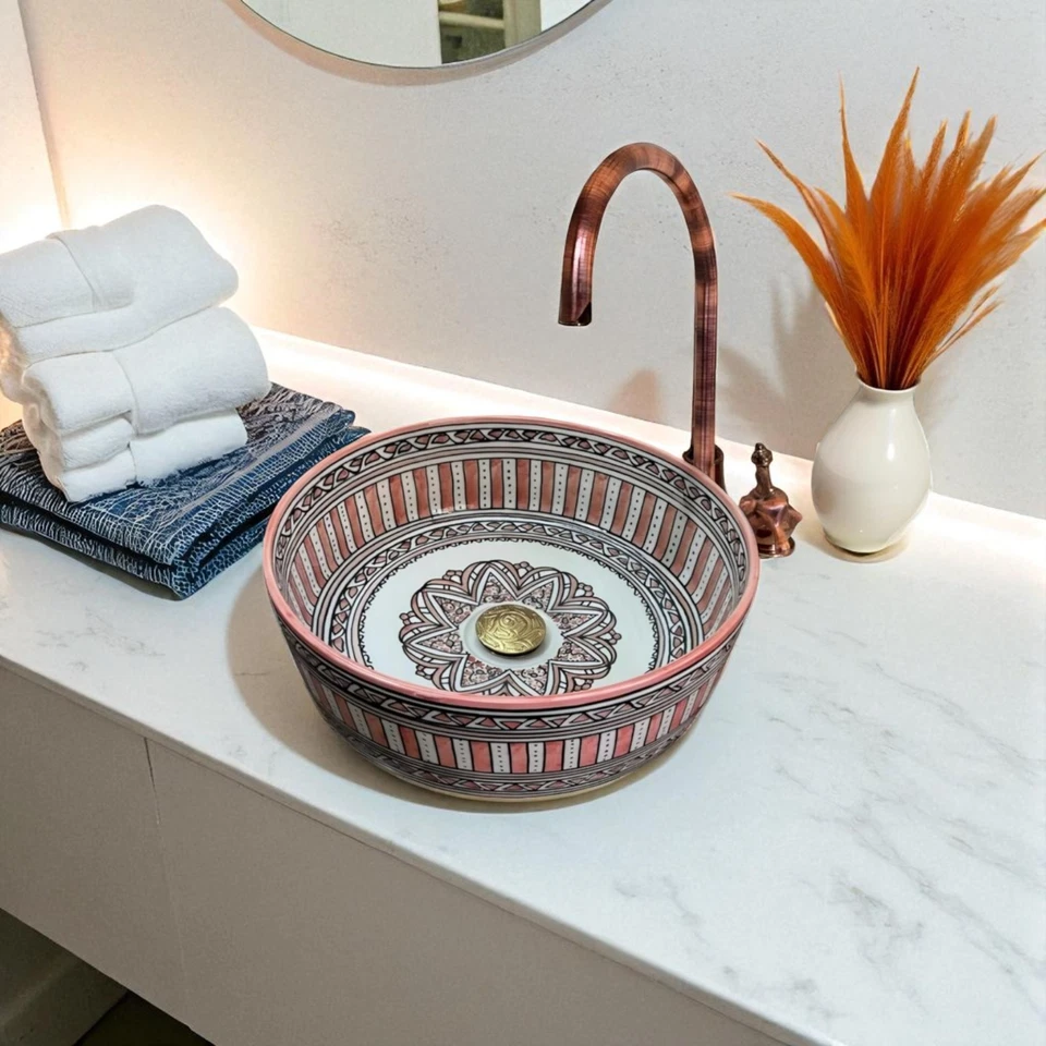 Fregadero de cerámica - Lavabo de cerámica pintado a mano con borde de latón, fregadero de baño artesanal Foto 2 de 4