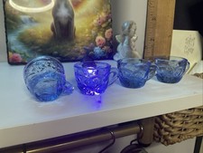  4 Vintage 1940s Light Blue Pressed Glass Childs Tea Cups To A Tea Set T11