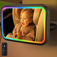 Baby Car Mirror with Light, 7 RGB Light Rear Facing Extra Large, Black