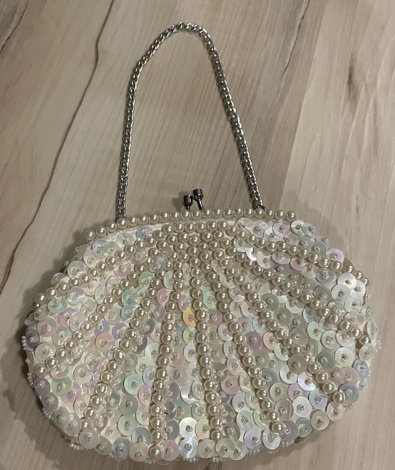 Vintage Pearl And Sequin Evening Bag Mister Ernest Simon Hong Kong 7”x5” Bridal - Image 3 of 4