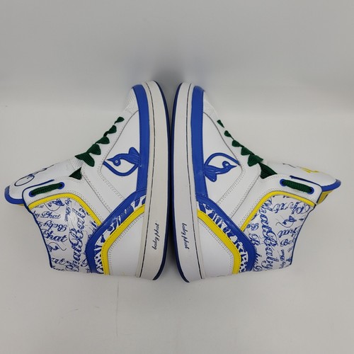 Sneakers alte donna gatto bambino Phat Y2K in pelle taglia 8 bianco blu giallo - Foto 12 di 13