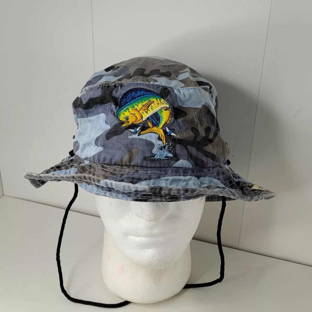 Just Hook Em Dolphin Fishing Bucket Hat Cap String Embroidered Blue  Camouflage