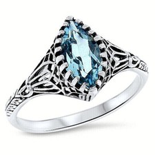 GENUINE SKY BLUE TOPAZ 925 STERLING SILVER ANTIQUE STYLE FILIGREE RING   814Z