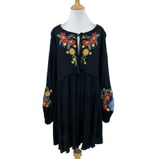 Free People Dress Women S Black Spell On You Embroidered Mini Keyhole Neck Flowy