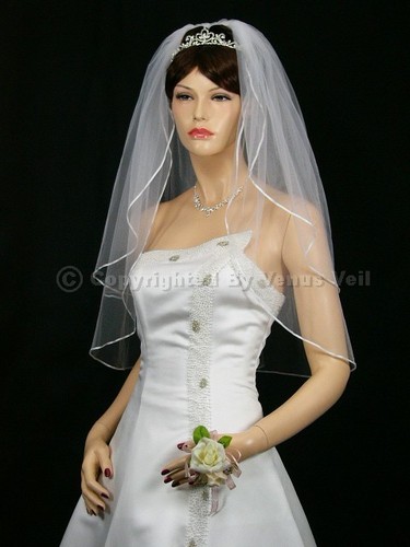 2T White Wedding Bridal Elbow 1/8" Ribbon Edge Veil - Picture 2 of 5