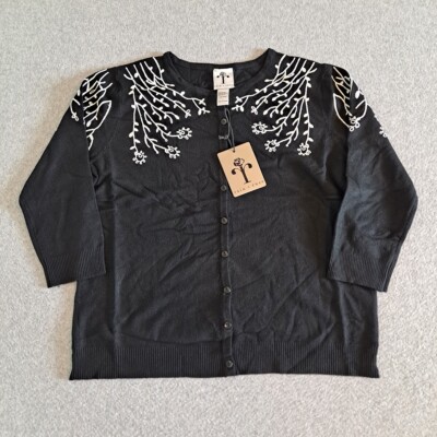 Rain + Rose Cardigan Women Large Black Sweater Button Floral Whimsy Goth Grandma
