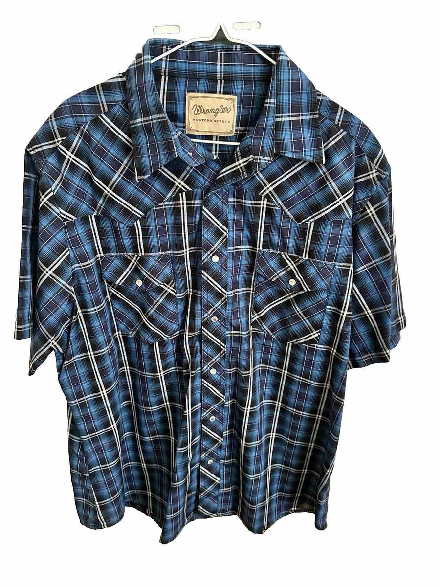 Wrangler Authentic Western Fashion Pearl Snap Men's XL Cowboy Blue Plaid  Shirt