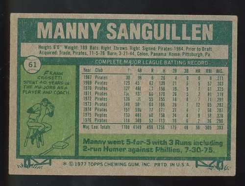 Manny Sanguillen EX 1977 Topps #61 - Imagen 2 de 2