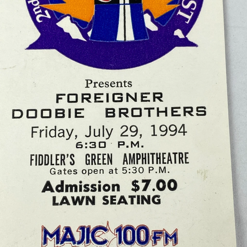 Boleto de concierto extranjero de Doobie Brothers 29 de julio de 1994 verde violinista CO Foto 2 de 4
