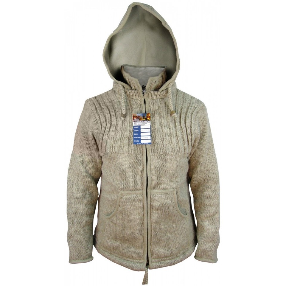 Hand-Knitted Nepalese Wool Jacket With Fleece Lining - Patchwork Stitch, Hooded, Sizes S-XL
