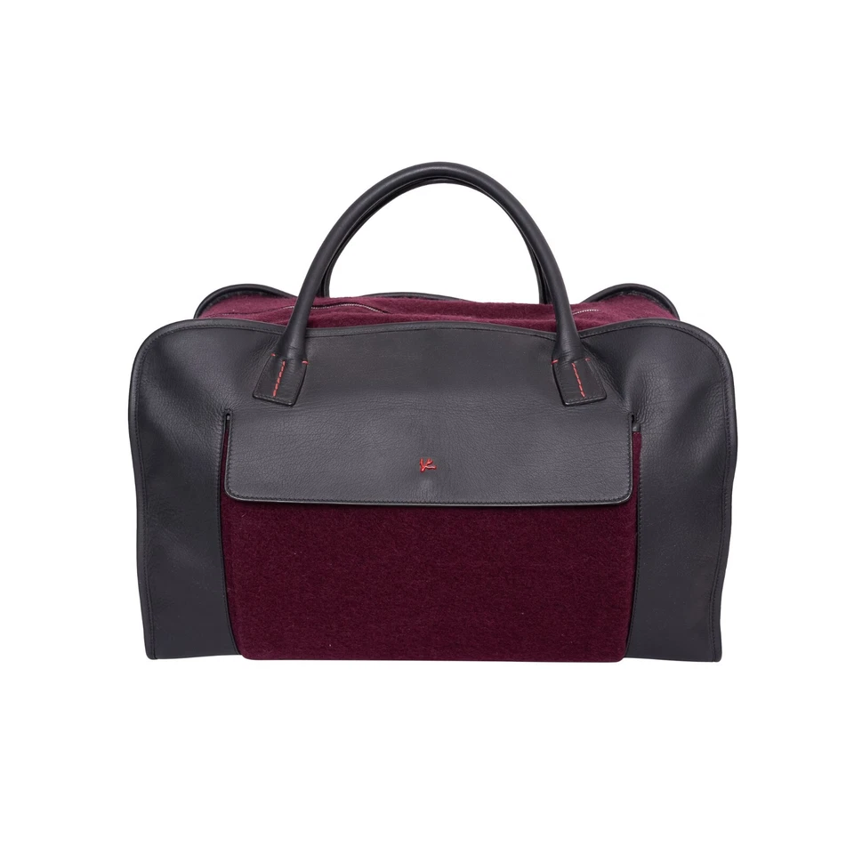 $4500 ISAIA NAPOLI Wine / Gray Large Duffle Bag Travel Weekend Leather / Wool - Image 3 of 4