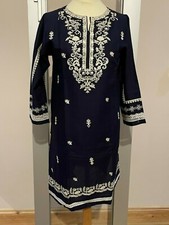 Ladies navy Embroidered kurta Pakistani Indian Kurti Shirt frock style cotton