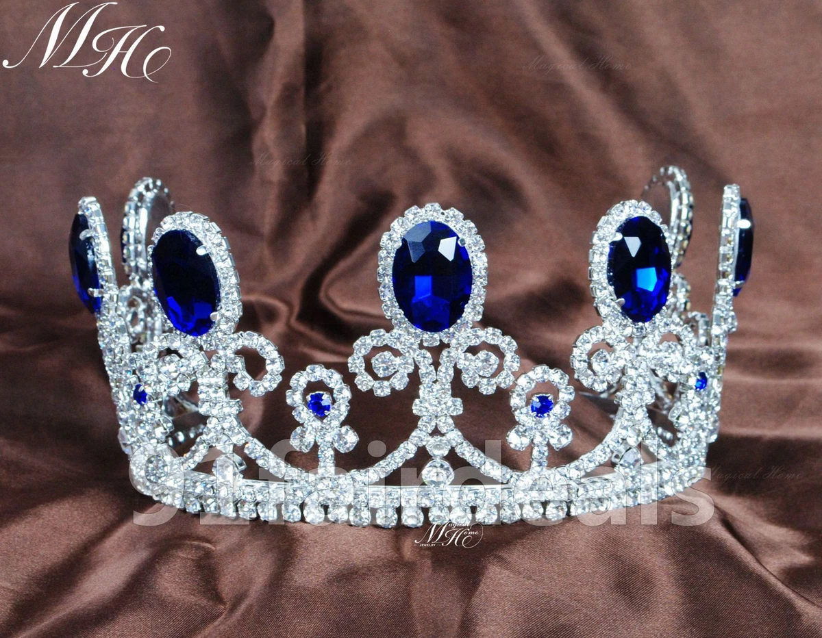 King Queen Blue Sapphire Tiara Diadem Bridal Crystal Crown Pageant Prom  Party