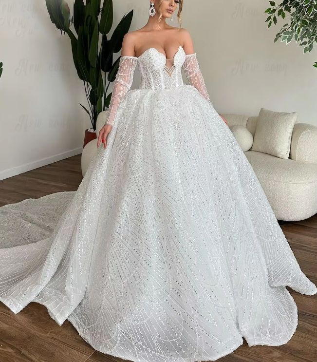 Romantic Heavy Beaded Dubai Wedding Dress Detachable Long Sleeves Bridal  Gowns