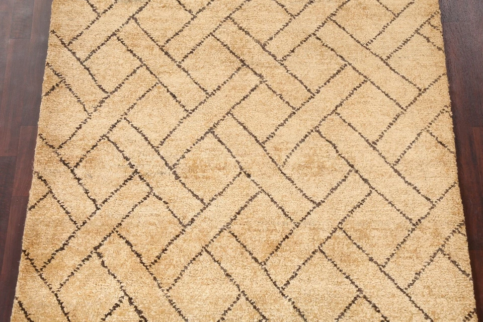 BEIGE/ DARK BROWN Moroccan Oriental Geometric Area Rug Hand-knotted Modern 5'x8' - Image 3 of 4