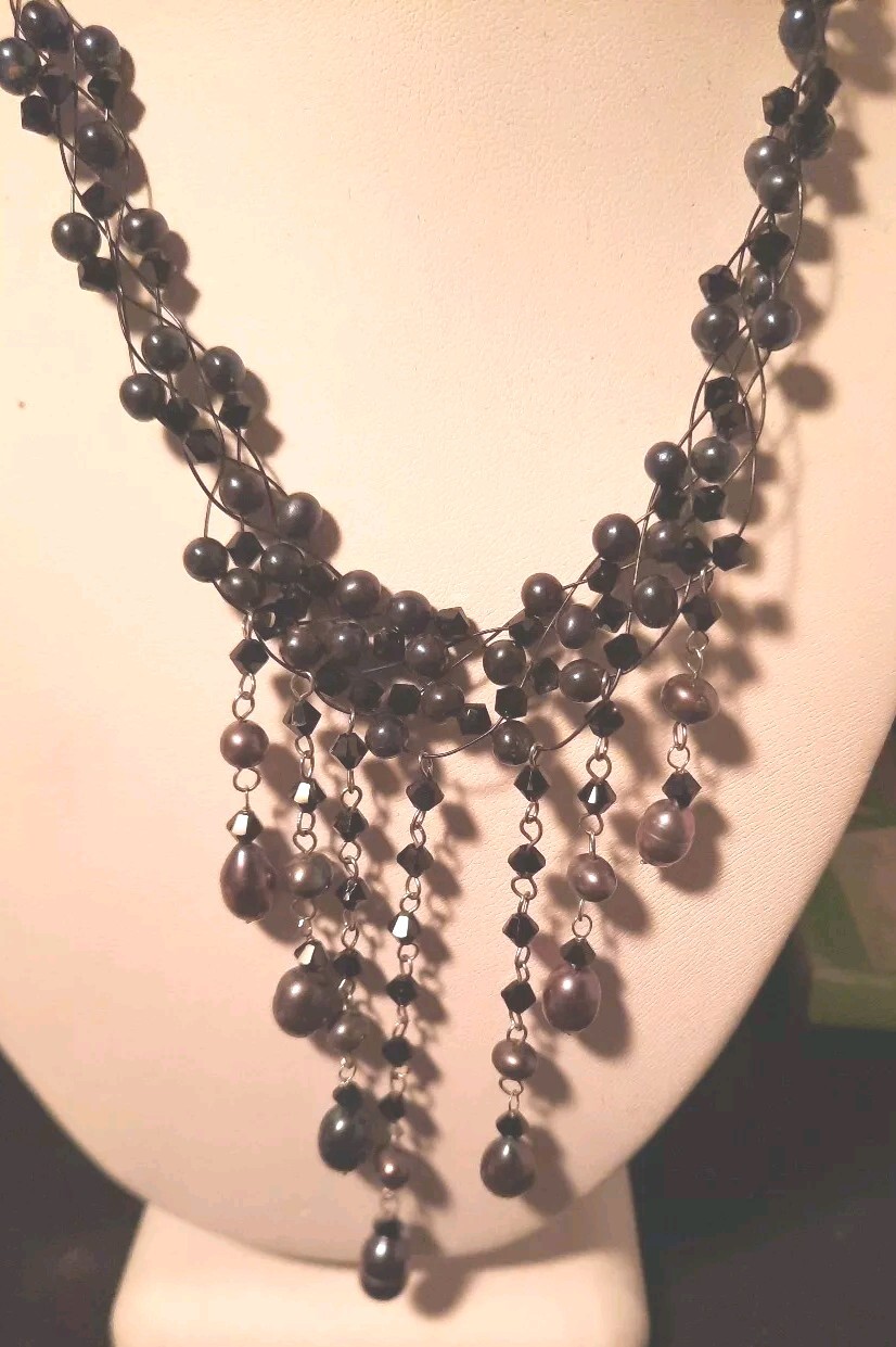 Thai Handcrafted Busarin Cultured Pearl Necklace Black Rain Shower Waterfall Design Elegant Jewelry Piece