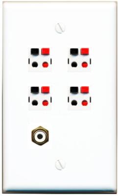 RiteAV 4 Port Speaker Wire Plug Jack Wall Plate+RCA for Subwoofer Flat [White]