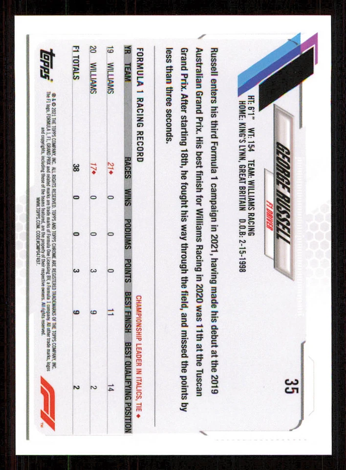 2021 Topps Chrome Formula 1 #35 George Russell - Image 2 of 2