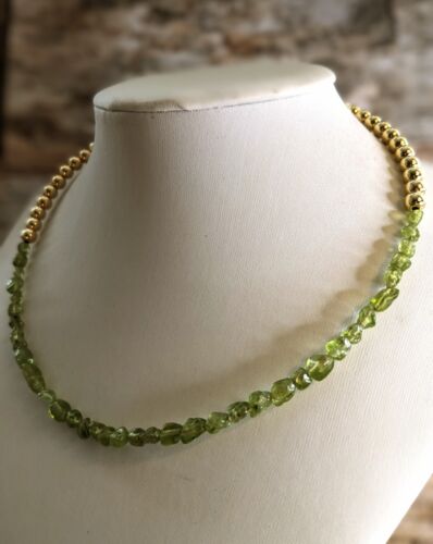 Genuine Green Peridot Chips & Gold Beads In Choker Necklace - Picture 2 of 8