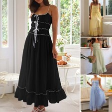 Femme Spaghetti Bracelet Robe Col Carré Midi Ruche Boho Plage Été Décontracté