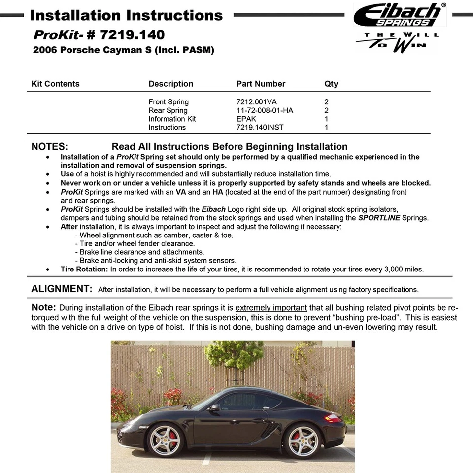 Eibach E10-72-008-01-22 PRO-KIT Front Rear Lowering Springs for 06-12 Cayman 987 - Image 3 of 4