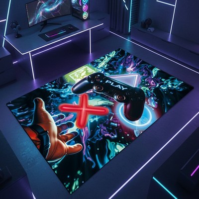 Gaming-Teppich mit lebendigen neon-farbigen Symbolen und schwebendem Controller