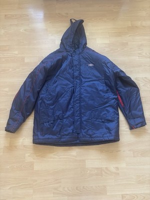 Vintage Umbro Jacke blau wattiert gesteppt Fußball Daunen lang Größe 2XL Herren
