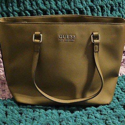 GUESS Olive Green Logo Tote Bag Zip Closure Silver Hardware Pouch Women