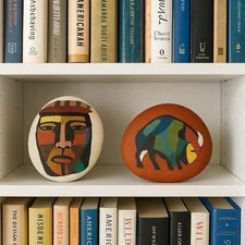 2- Painted Artisan River Rocks Indigenous Folk Art Southwestern Signed BR