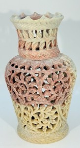 Hand-carved soapstone incense burner or vase with openwork floral design