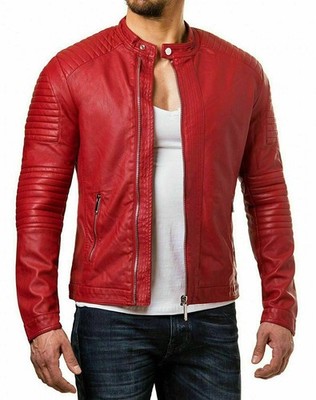 Urban Men's Genuine Lambskin Leather Jacket Red Slim fit Biker Motorcycle jacket