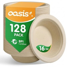 16 oz 128-Pack Compostable Paper Bowls, Disposable Salad Soup Bowls, Heavy-...