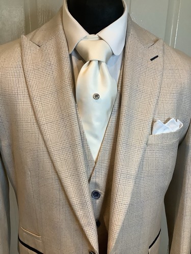 Mens Three Piece Suit Light Beige Check Tweed by Cavani 44R Slim Peaky Blinder