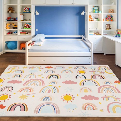 Soft Kids Area Rug, Large Washable Space Mat, Non-Slip Cute Rainbow Weather B...