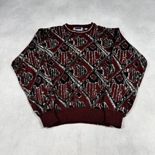 Vintage Abstract Knitted Jumper Patterned Grandad Knit Sweater Men's L