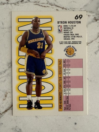 1993-94 Fleer Golden State Warriors Basketball Card #69 Byron Houston - Picture 2 of 2
